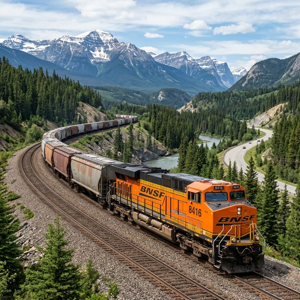 Freight Train Locomotive on Tracks